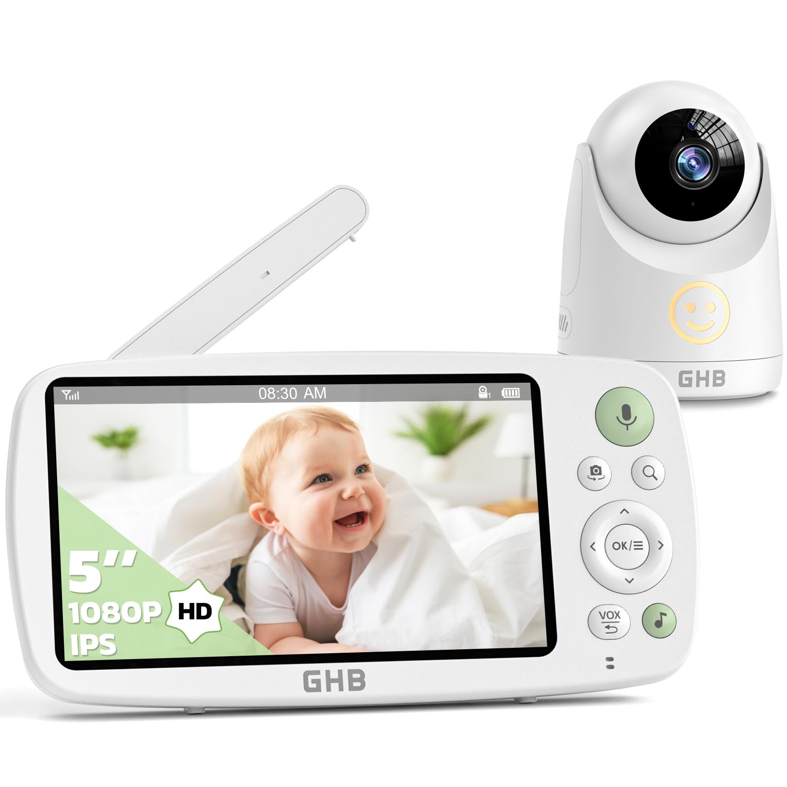 GHB Babyphone mit Kamera 5 Zoll HD 1080P Babyphone 4000-mAh-Akku 7x24 St. im VOX Modus 4xZoom Gegensprechen Nachtsicht Reichweite 300m