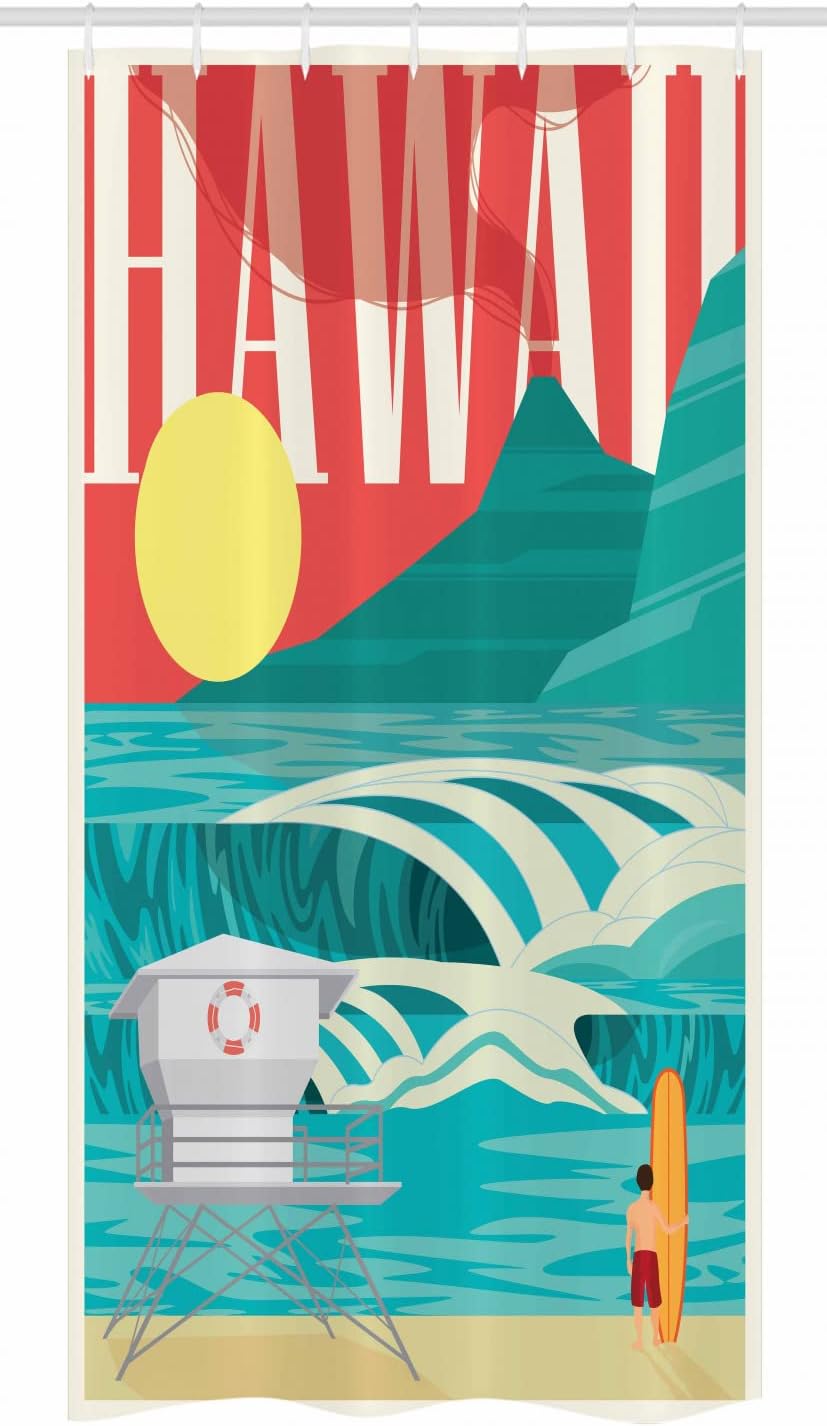 Ambesonne Hawaiian Stall Shower Curtain, Hawaii Sandy Coastline Sunny Day Surfboard Tropics Famous Honeymoon Destination, Fabric Bathroom Decor Set with Hooks, 36" W x 72" L, Sand Teal