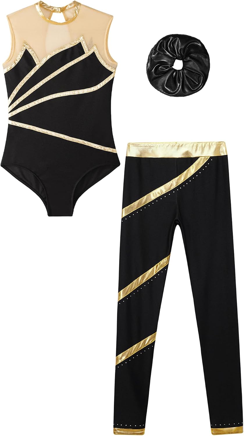 Kids Girls 2 Piece Sports Suit Gymnastics Dance Outfits Sleeveless Leotard with Athletic Leggings Hair Band Set