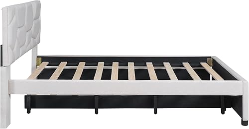 Miniatura 82 de Merax Base de cama tapizada de tamaño matrimonial con cama nido de tamaño individual, 2 cajones, cabecera con patrón de ladrillo y soporte de