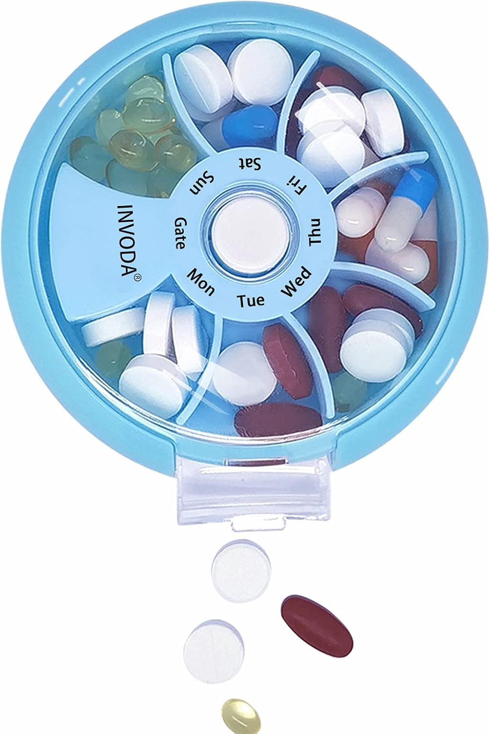INVODA Weekly Pill Organizer 7 Compartment Rotating Pill Box for Daily image 2