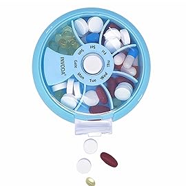INVODA Weekly Pill Organizer 7 Compartment Rotating Pill Box for Daily Medication & Vitamins - Portable Travel Pill Case Fish Oil Supplements Vitamins Organizer (Sky Blue)
