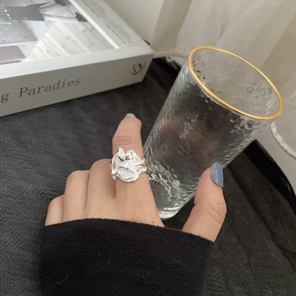 HGJH Anello Regolabile,S925 Sterling Silver Rughe Anello Grosso Anelli Regolabili Irregolarità Anello Aperto Anello Dito Indice Anello Eternità Fascino di Nozze Gioielli Regali per Ragazze Signore
