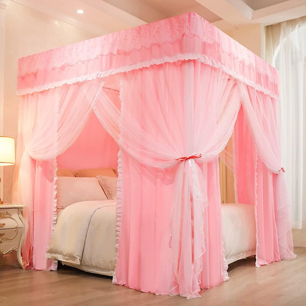 Zyjix Girls Solid Pink 4 Corner Post Bed Canopy For Bed Adult Bedroom Kids Rooms ; Mosquito Net Curtain Net For Twin/Full/Queen/King Size Bed(Size:double,Color:solid Pink)