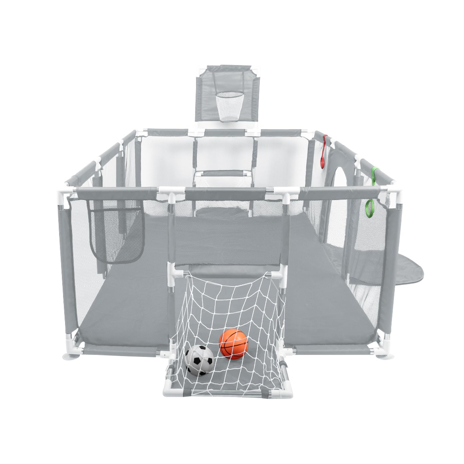 Parc Bébé -Bébé Barrière de Sécurité Portail Parc Lit pour enfant à l'intérieur et extérieur - Football, basket-ball, pompe, anneaux de main, ventouses-180 * 120 * 66cm-gris foncé