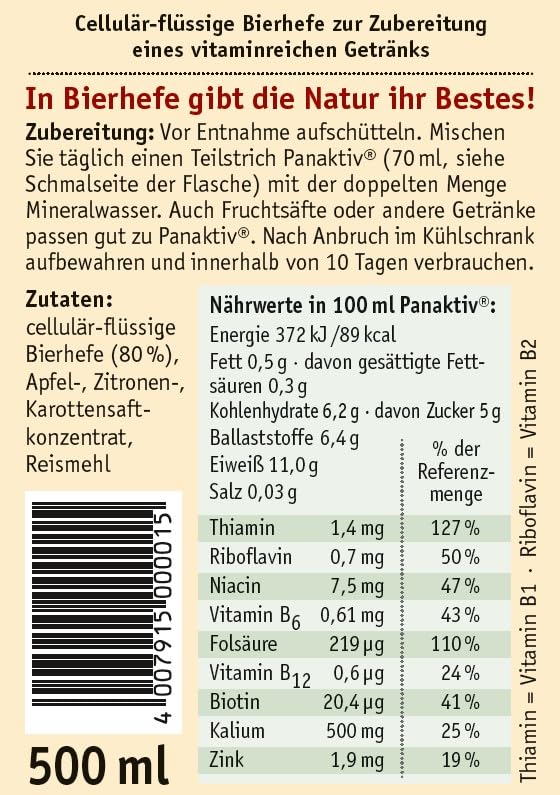 Panaktiv® - flüssige Bierhefe, 500 ml • Vitamin B1, B12, Folsäure, Biotin, Vitamin B2, B6, Niacin, Zink • für einen aktiven Stoffwechsel • für schöne Haut und Haare • reines Naturprodukt