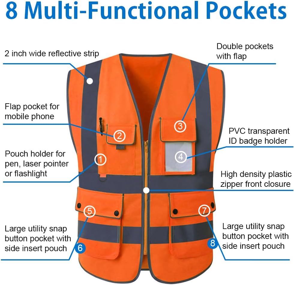TOPTIE Customized 8 Pockets High Visibility Safety Vest ANSI ISEA Class 2 Reflective Vest Add Your Logo - Image 2