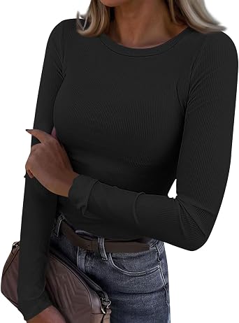 Long Sleeve Shirts for Women Crew Neck Ribbed Knit Slim Fall Basic Tshirts Going Out Tops 2025 Casual Trendy Clothes