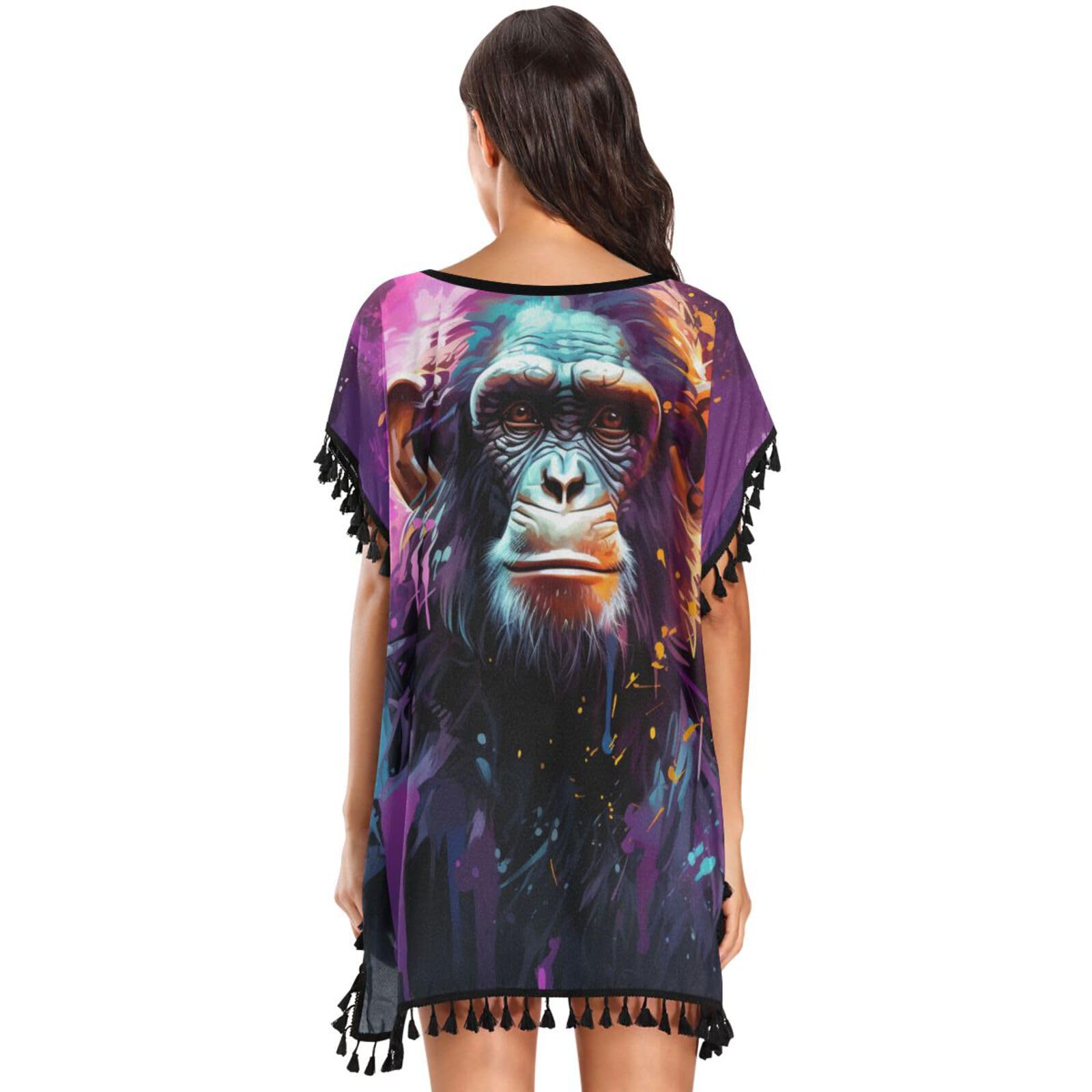 Purple Monkey Fire Chimpanzee Women's Beach Cover Up Chiffon Tassel Swimwear Swimsuit Coverups for Girl