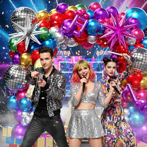 Image of Shiny Chrome Balloon Garland Arch Kit 160Pcs with Star Microphone Disco Musical Symbols Foil Balloons, Kpop Balloons Arch Kit for Birthday 80s 90s Theme Neon Galaxy grad Prom Party Decor