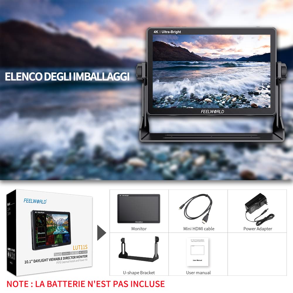 FEELWORLD LUT11S 10.1 inch Camera Field Monitor Touch Screen 3D LUT 2000nit Ultra Bright 1920X1200 3G-SDI 4K HDMI Input Output with F970 External Power Supply