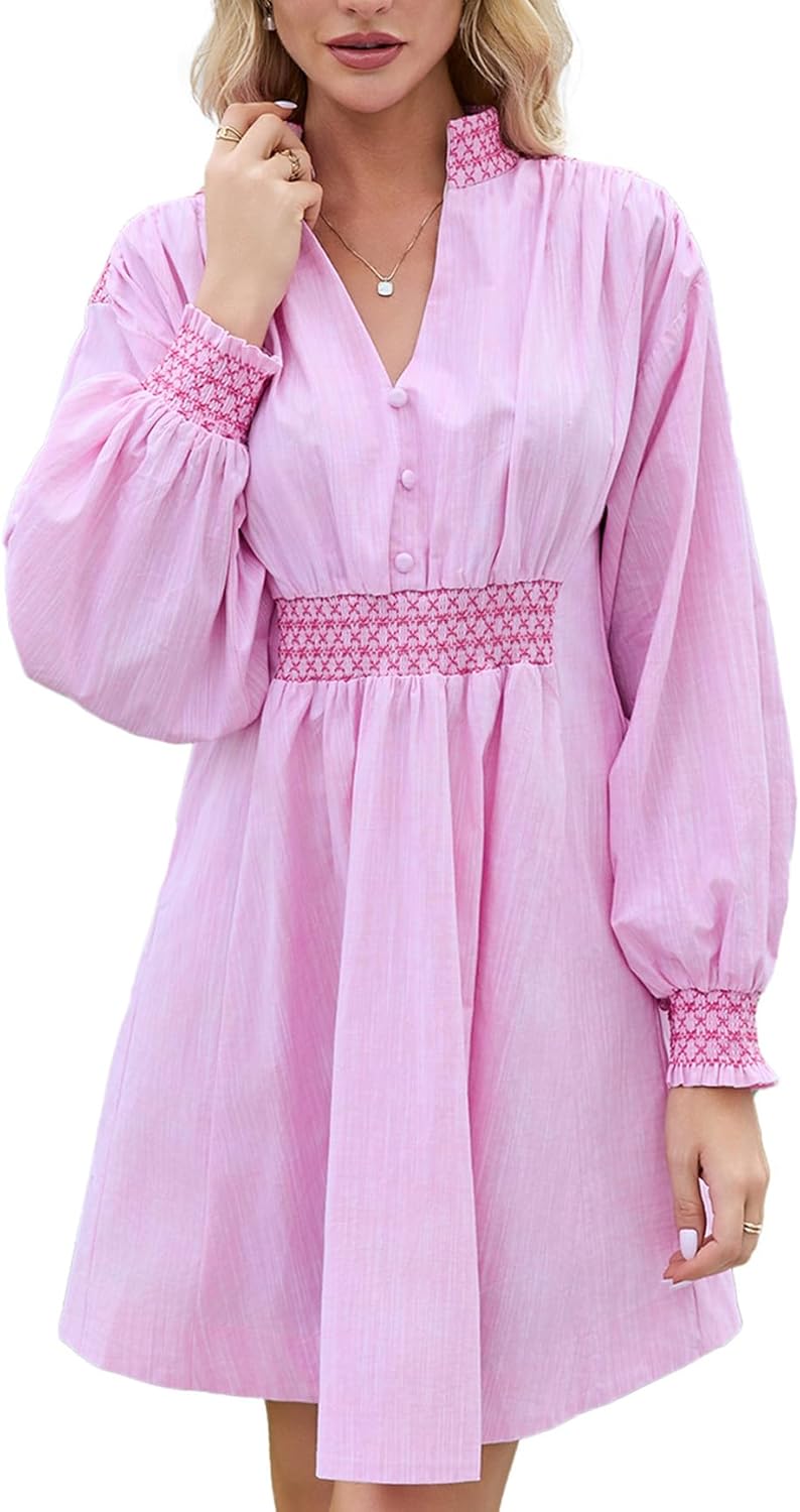 Womens Embroidered Shirt Dress Fall Oversized Long Sleeve Casual V Neck A Line Mini Dress