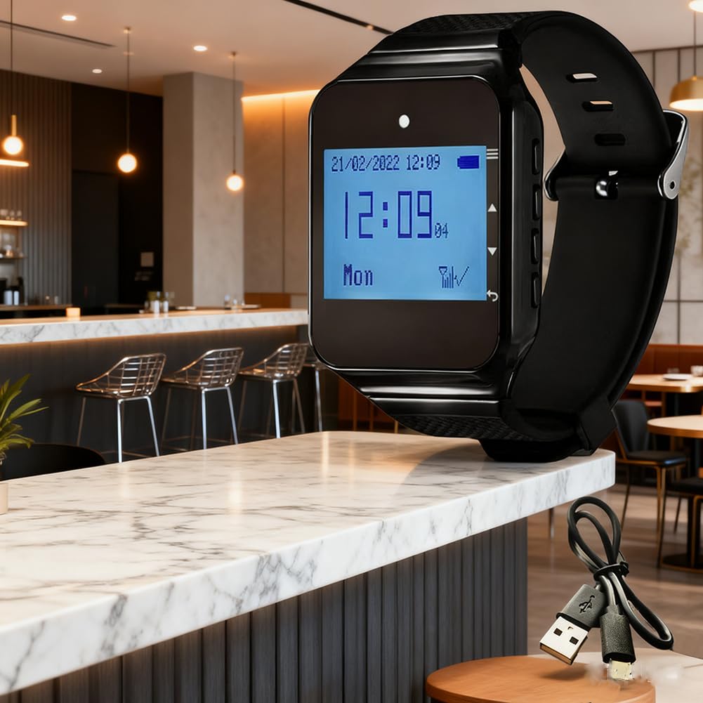 Sistema de localización inalámbrica, 1 a 5 Reloj de pulsera Llamador Receptor móvil impermeable para té Restaurante Cafe Reloj Buscapersonas Sistema de llamada (negro)
