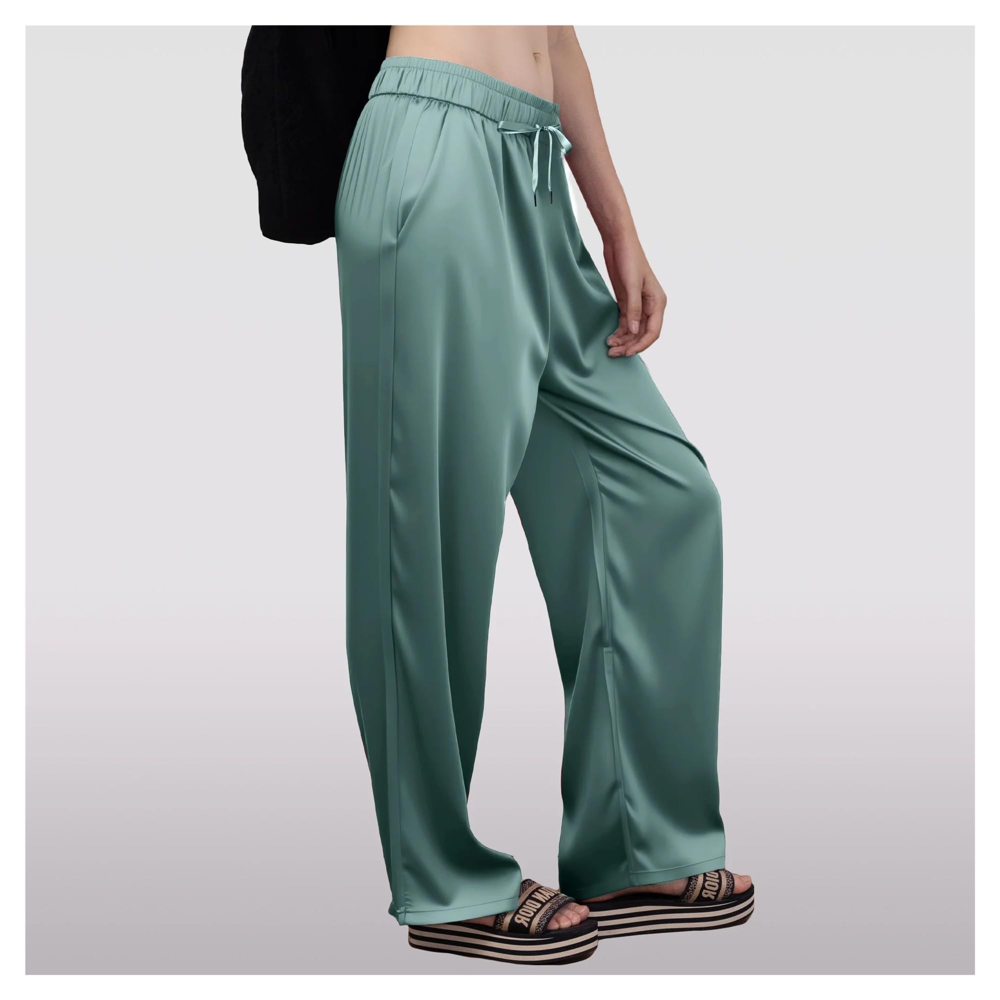 Pantalones de Verano Pantalones Anchos de Seda for Mujer, Rectos, Ligeros, de satén, con Bolsillos, for Uso Diario e Informal. para Mujer(Black,XL)