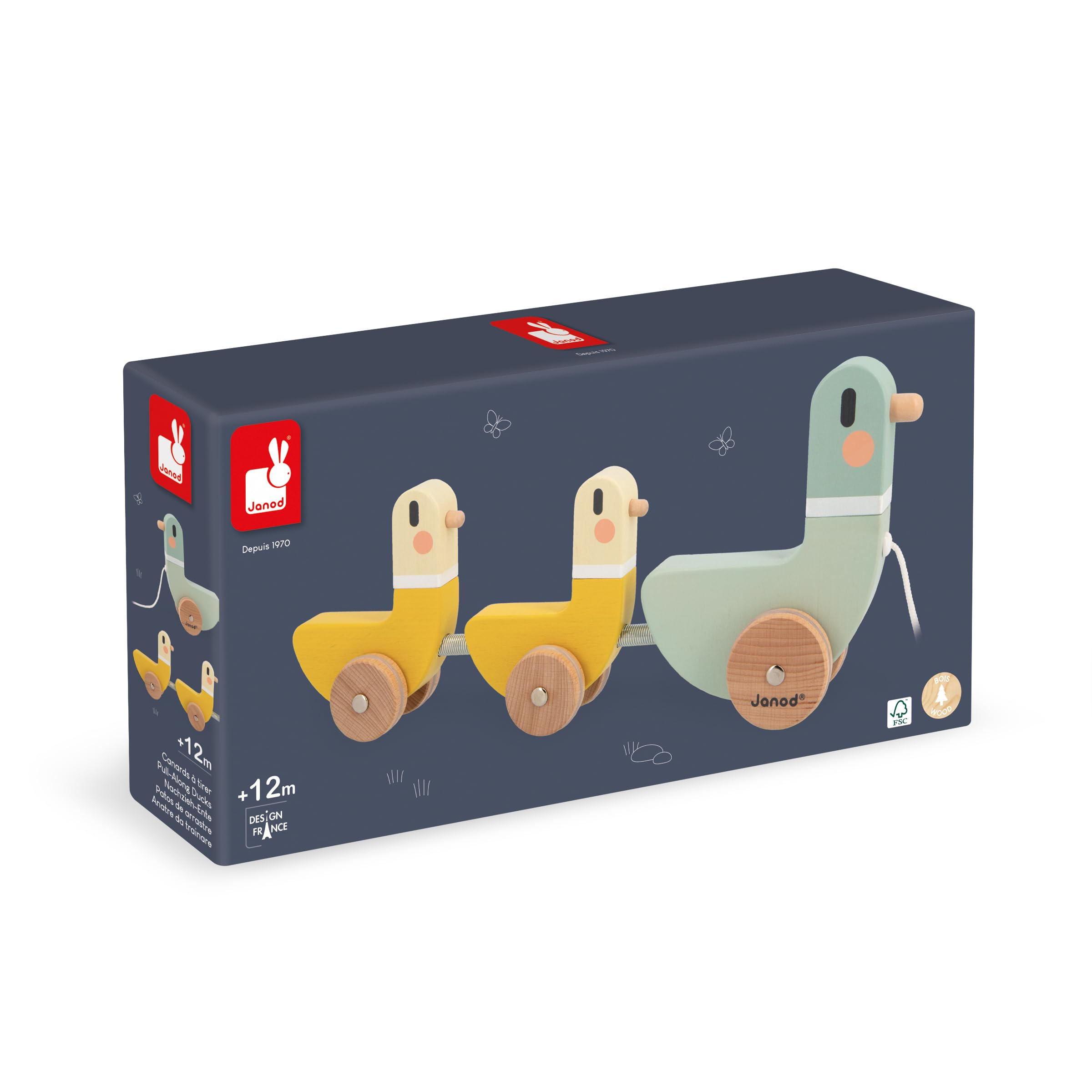 Janod - 3 Canards à Tirer Sweet Cocoon - Jouet d'Éveil - Développe la Motricité - Jouet en Bois FSC et Peinture à l'eau - Dès 12 Mois,J04051
