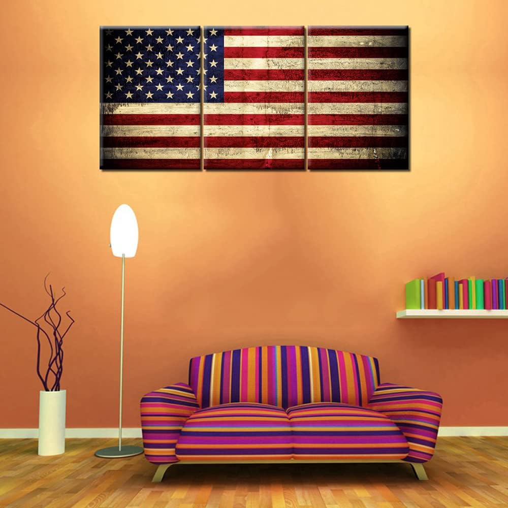 Suреr Sаlе 🛒 American Flag Retro Paintings Red Blue Stripes Pictures for Living Room Patriotic Artwork 3 Panel Prints Wall Art on Canvas Modern Home Decorations Framed Gallery-Wrapped Ready to Hang(42''Wx20''H)