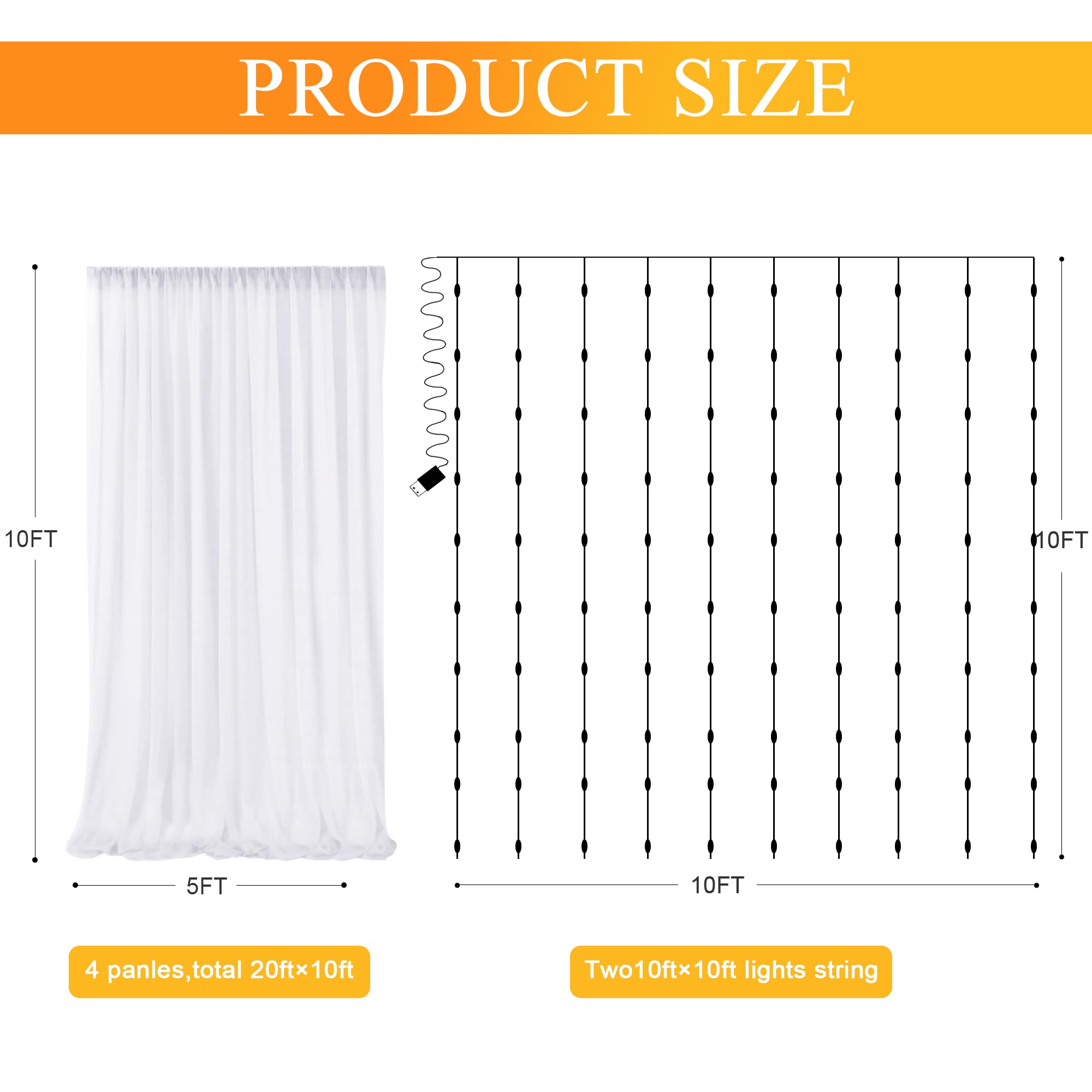 Fomcet Tüllvorhänge mit Lichterkette, weiß, 6,4 x 2,4 m, transparente Hintergrundvorhänge für Partys, Hochzeiten, Babypartys, Fotoshootings, Dekorationen (4 Paneele, 15,7 x 2,4 m)