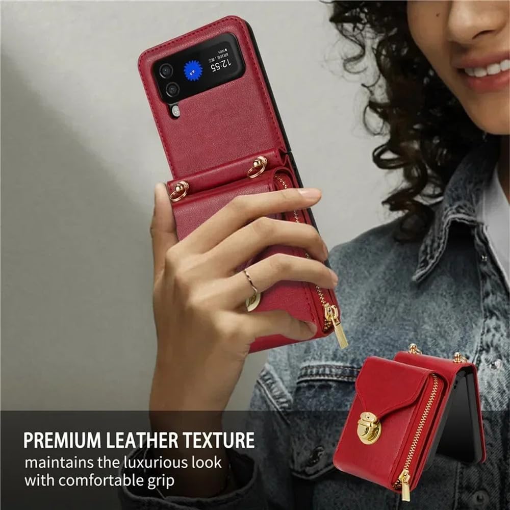 Custodia per telefono con cerniera in pelle con cordino e slot per schede per Samsung Galaxy Z Flip 5 4 3, con cordino, con supporto a conchiglia, viola, per Samsung Z Flip 3