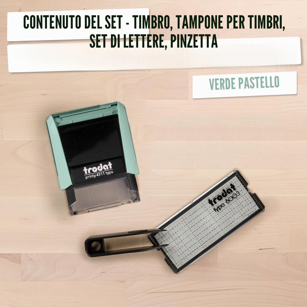 Trodat Timbro autoadesivo autoinchiostrante - Printy 4911 verde pastello - 3 righe, stampa nera, 38 x 14 mm