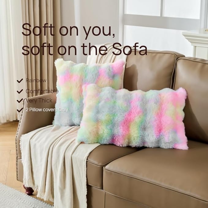 Pack of 2 Throw Pillow Covers Dense Faux Rabbit Fur Cozy Super Soft Fuzzy Set Case Decorative Throw Pillows Cushion for Couch Sofa Bedroom-Rainbow 12x20 Inch