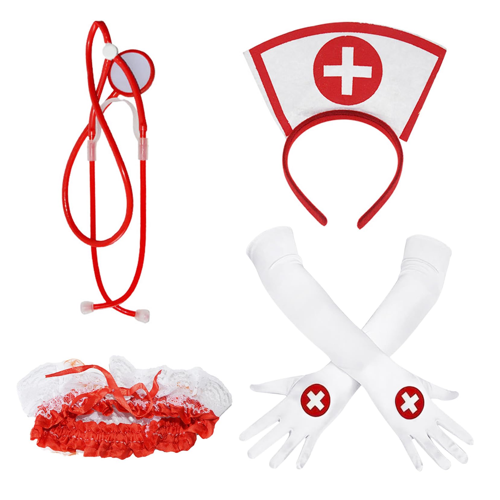 TINAYAUE Halloween Nurse Costume Accessories Ladies Nurse Headband Stethoscope Red/White Long Gloves Set for Women Fancy Dress Decor Hospital Themed Party Cosplay Nurse Dressing Up Props