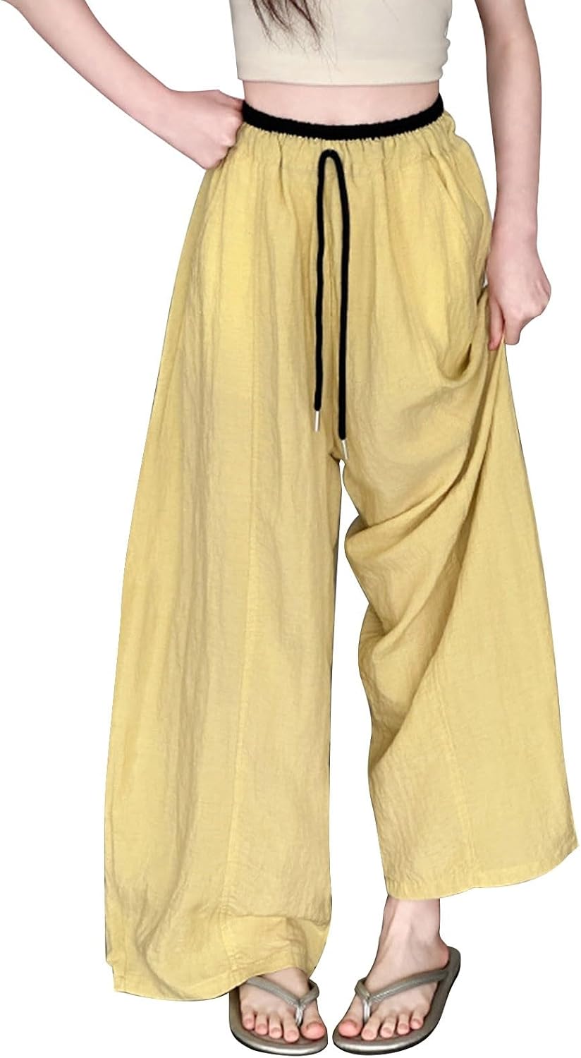 Girls Wide Leg Pants Casual Baggy Elastic High Waist Sweatpants Teen Quick Dry Color Block Straight Outdoor Hiking