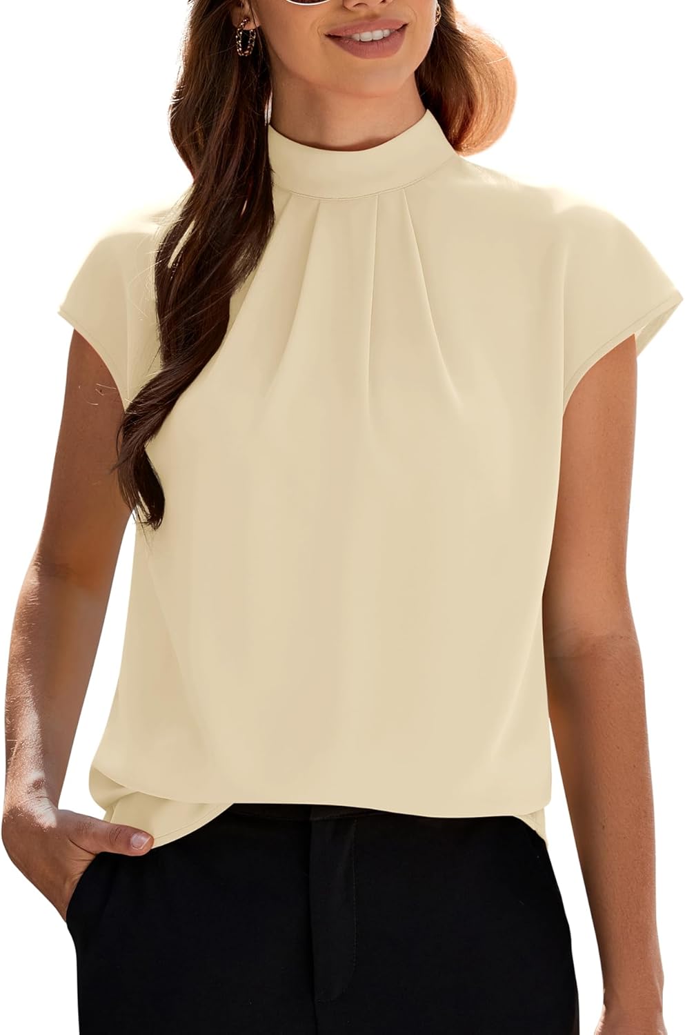 Funlingo Womens Summer Tops Mock Neck Short Cap Sleeve Blouses Business Casual Work Chiffon Shirts Front Pleated Tunic Top