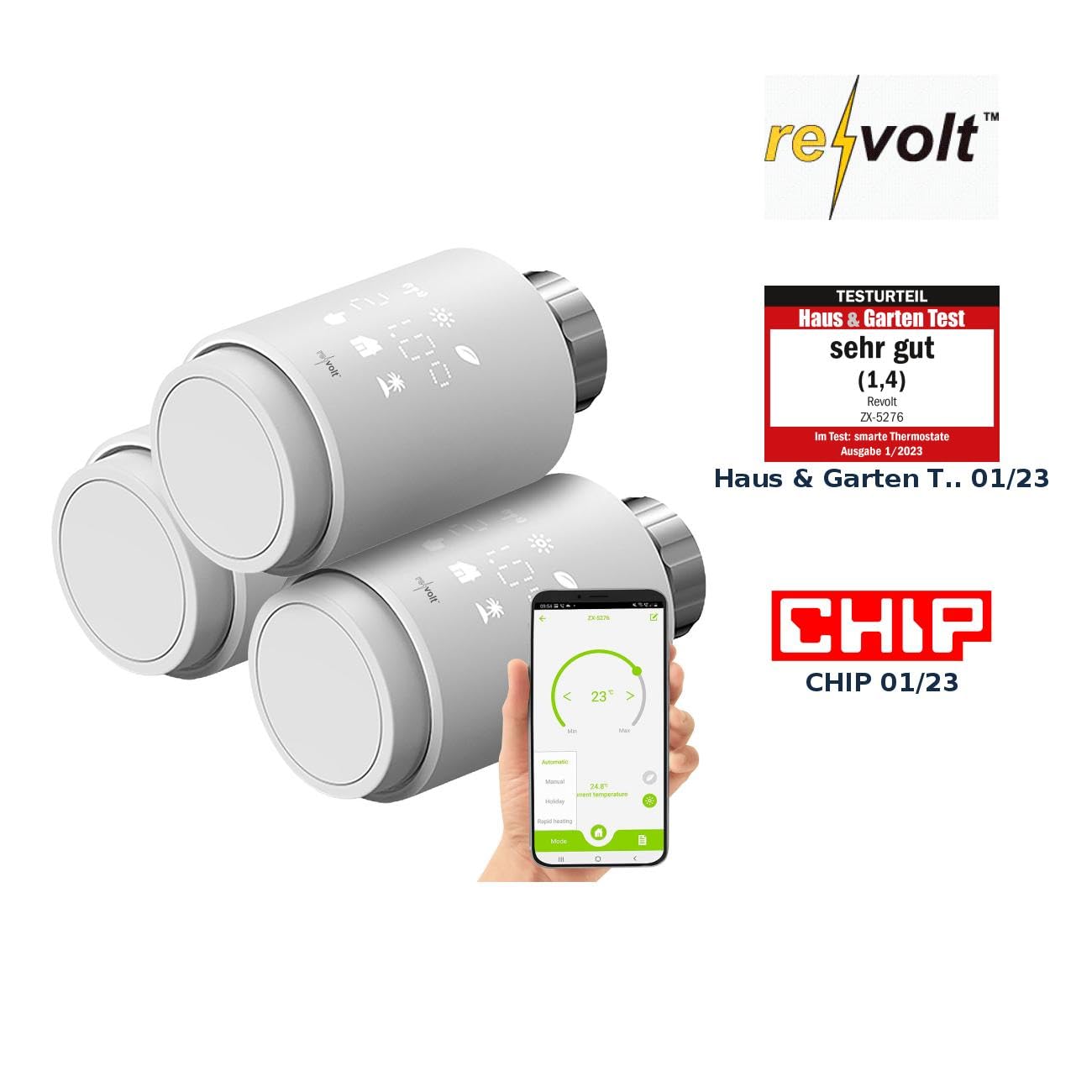 revolt Alexa Thermostat: 3er-Set programmierbare Heizkörper-Thermostate mit Bluetooth und App (Heizungsventile, Elektronik-Heizkörper-Thermostat, Adapter)