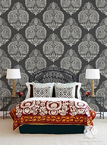 Annapakshi Indian Damask Wall Stencils - Large Bohemian Chic Wallpaper Pattern for Bathroom or Bedroom Decorating