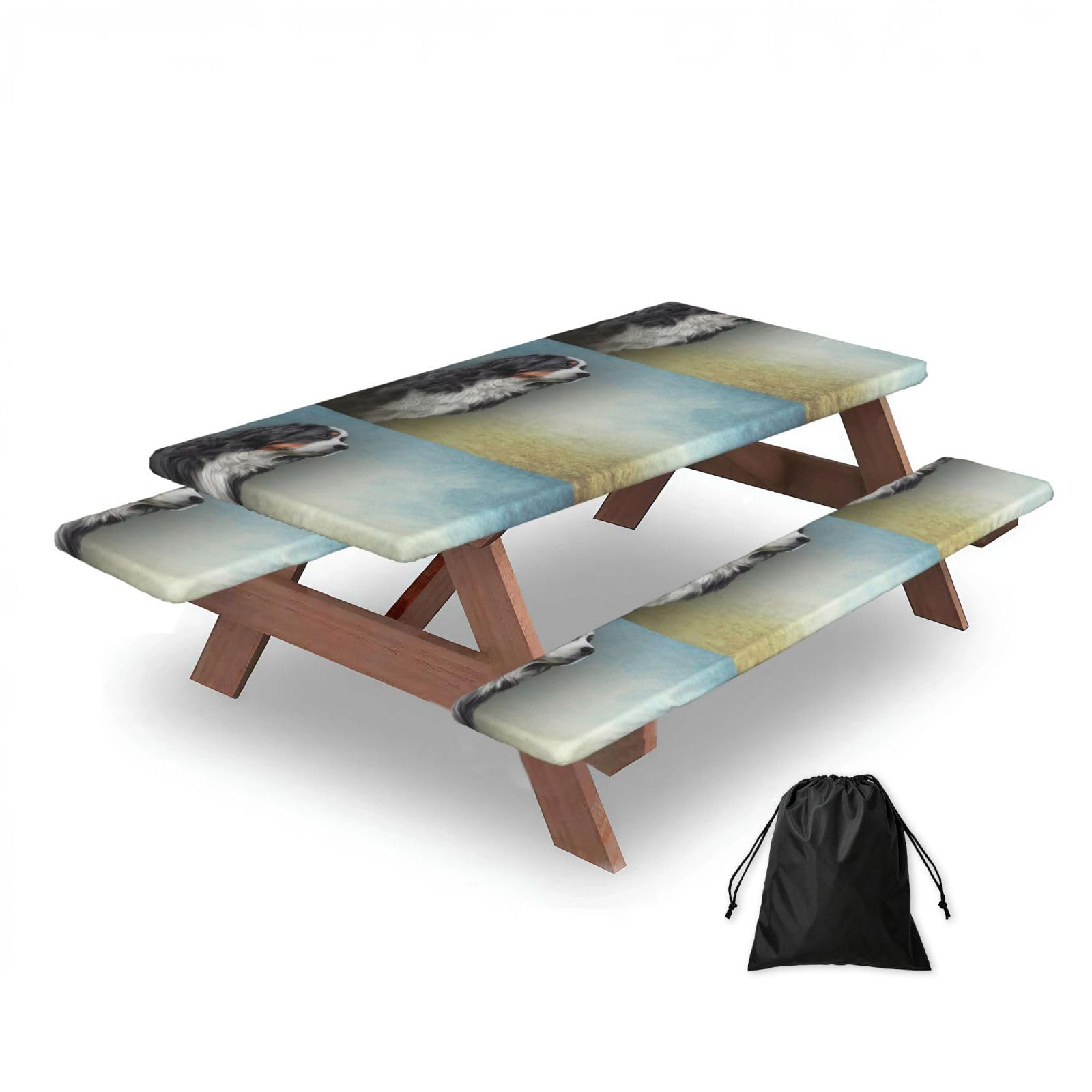 Dopklna As Picture Bernese Mountain Dog, Picnic Table Cover With Bench Covers -Waterproof Elastic Fitted Tablecloth For Garden Camping Patio 76X152cm