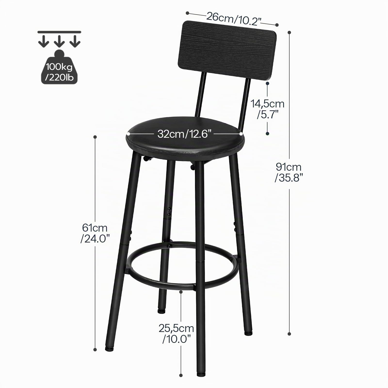 HOOBRO Juego de Dos Taburetes de Bar con Respaldo, Taburete con Reposapiés, Silla Alta para Cocina, Salón, Bar, Patas Ajustables, Fácil Montaje, Negro EBK31BY01G1