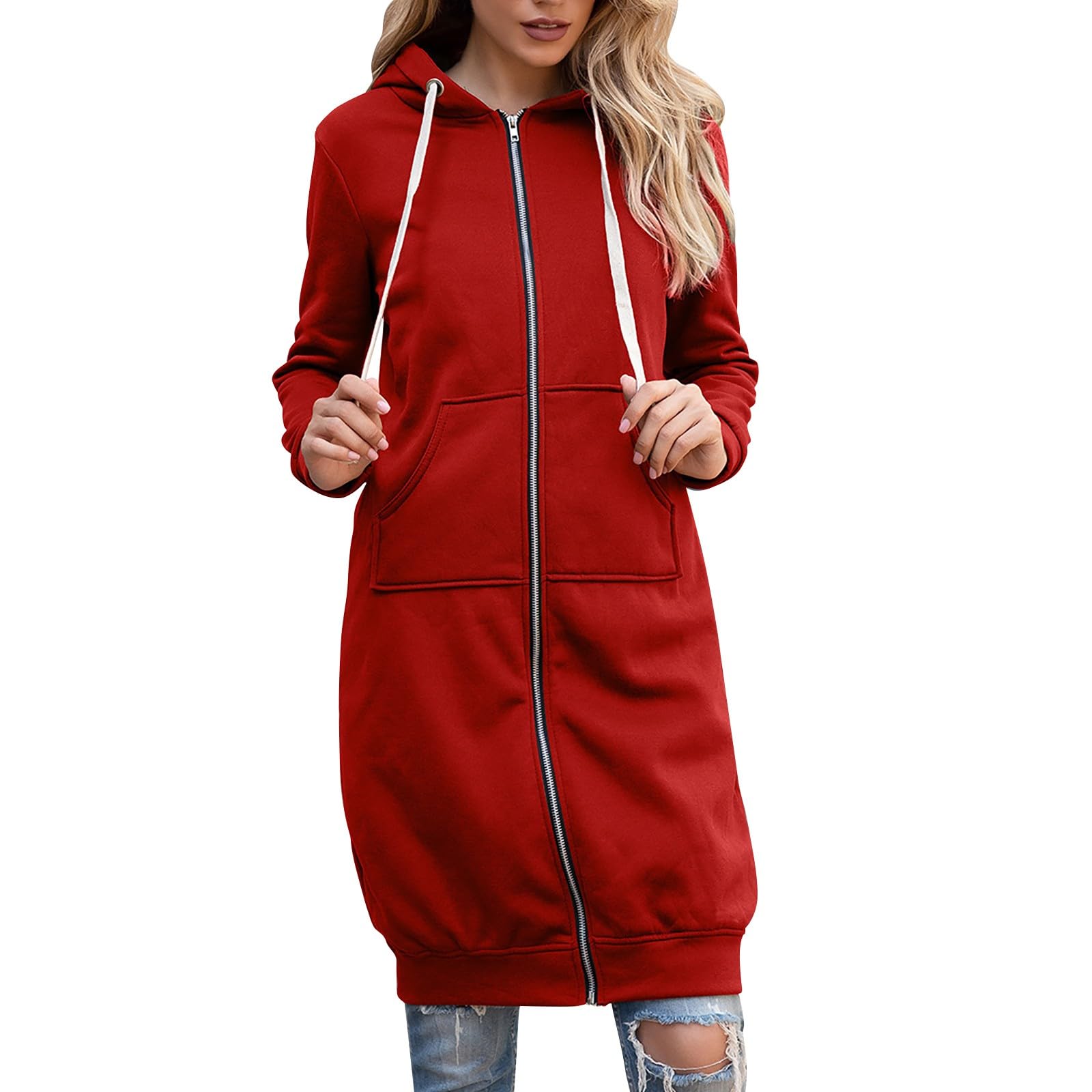 Cocila Kapuzenjacke Hoodie Oversize Sweatshirt Für Frauen Casual Einfarbig Langarm Strickjacke Mit Kapuze Mittellangen Mantel Damen Hoody Sweatjacke Baumwolle Sweatshirtjacke Pulli Dünne