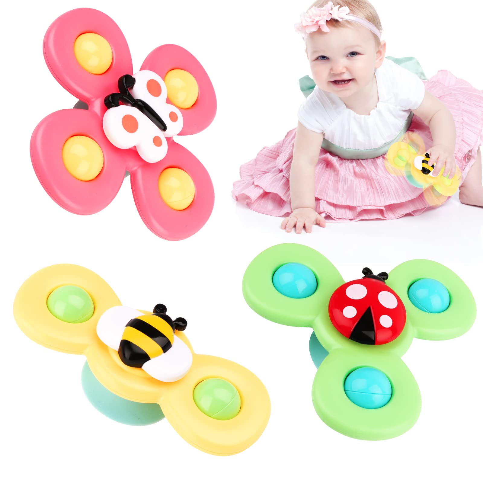 Juguetes Baño Bebe, 3 Piezas Juguetes Giratorios con Ventosa, Sonajero de Baño para Bebé,Juguete Sensorial para Bebé con Campana,para Niños Mayores de 18 Meses