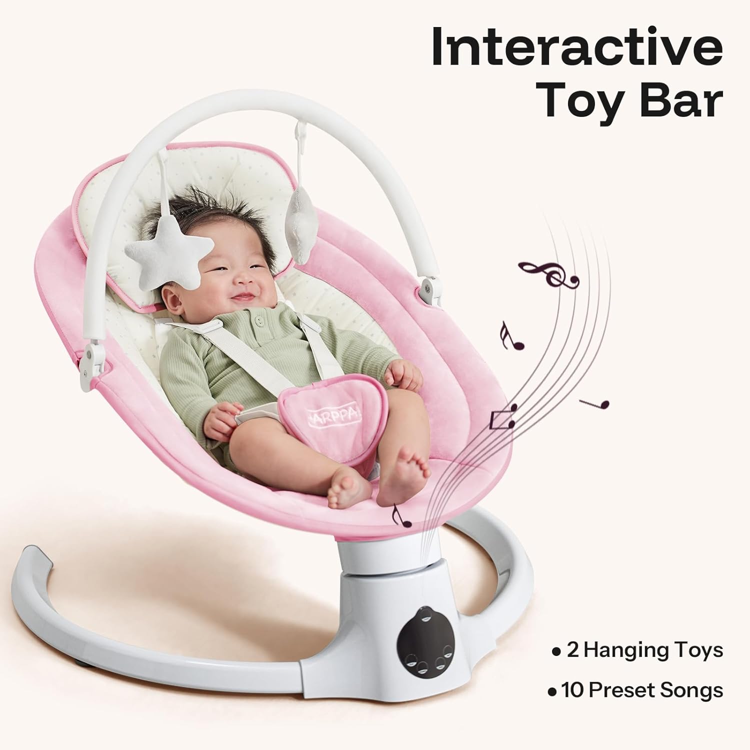 HARPPA Weddell Lite Electric Baby Swing for Infants with Music Speaker, 5 Adjustable Speeds, 5-Point Safety Harness, Timer Function, Compact Design for Indoor & Outdoor Use, Pink