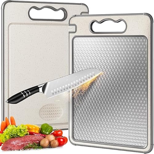 Stainless Steel Cutting Board Double Sided, 304 Stainless Steel Non Toxic Lightweight Chopping Board, Separately Handle Meat and Vegetables, Dishwasher Safe, Scratch Resistant Mesh Design (37 * 25cm)