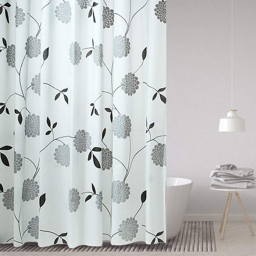 HOMELEE DEKOR Floral Blackout 7 feet Eco Friendly 100% PEVA Heavier Quality Waterproof Shower Curtains with 12 Hooks | Bathroom | Bathtub | Window | Curtain Restroom|180x210 Cm, Black And White