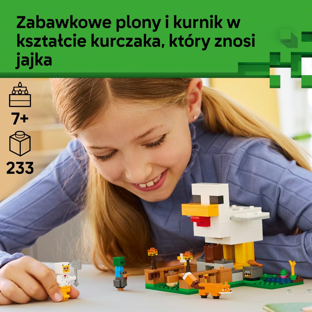 LEGO Minecraft Farma kurczaków, zabawka konstrukcyjna dla chłopca i dziewczynki z figurkami zwierząt i kurnikiem, pomysł na prezent dla 7-latka i gamingowa ozdoba do pokoju dziecięcego 21585