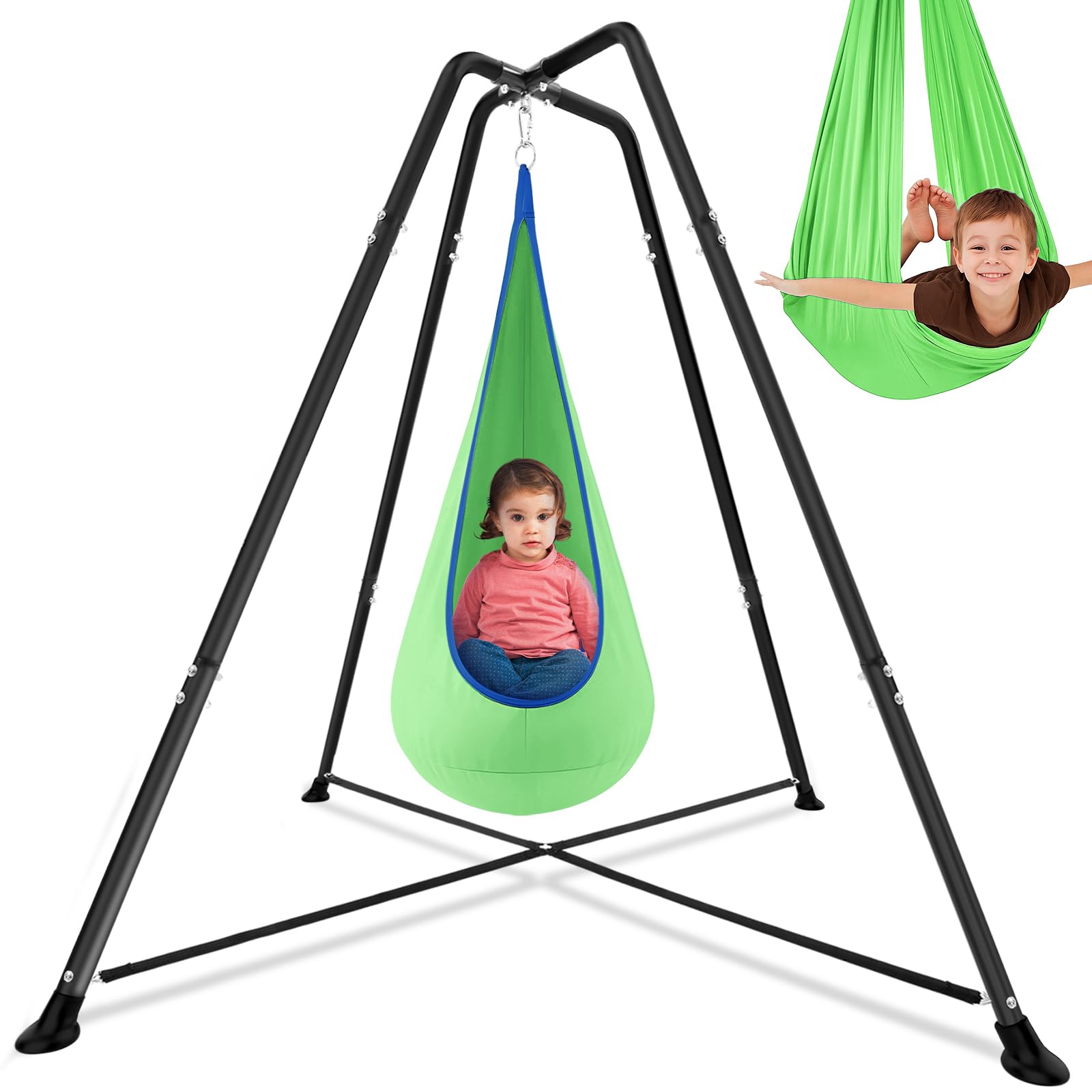 Photo 1 of ****MISSING POD CHAIR SWING**** 
Lingvee Sensory Swing Stand Frame with Pod Chair and Swings Set Kid Heavy Duty Metal Swing Stands Autism Hammock Chair Stand Tree Saucer Round for Kid Adult Indoor Outdoor Backyard Park(Grass Green)