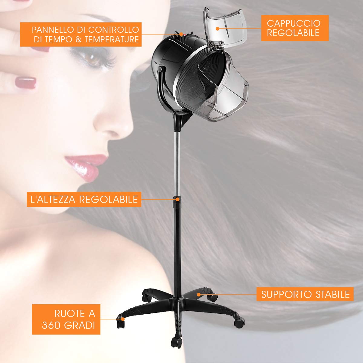 DREAMADE Casco Asciugacapelli Professionale in Piedi con Cappuccio Portatile Altezza Regolabile per Barbiere Salone Parrucchiere 1050 W, Temperatura 40-75 °C, Timer 0-60 Minuti, Altezza 125-160 cm