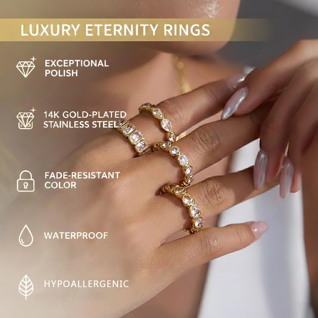 NUZON 4PCS Gold Cubic Zirconia Rings Set for Women Sparkly 14K Gold Plated Stainless Steel Stackable Ring Non-Tarnish Statement/Love/Eternity/Promise Band Jewelry for Engagement Wedding Finger 6-10 - Image 3