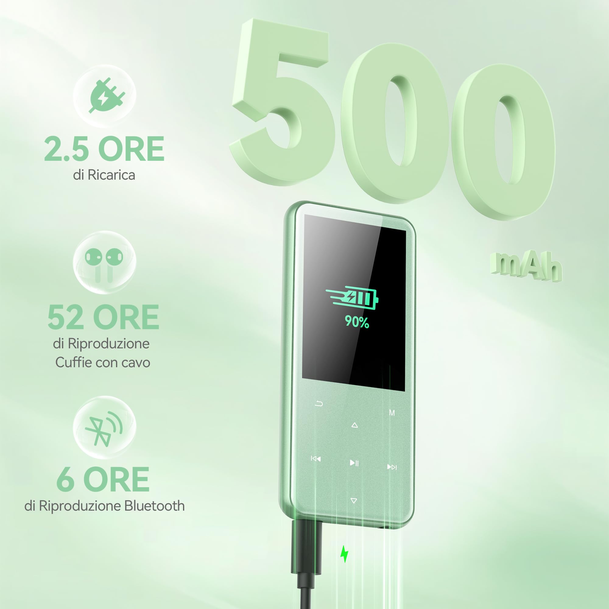 AGPTEK Lettore MP3 Bluetooth 5.3, Lettore Musicale da 64 GB in Metallo, Schermo da 2,4", Qualità Sonora HiFi, MP4 con Pulsanti Touch, Altoparlante, Radio FM, Registratore, 60 Ore di Musica, Verde
