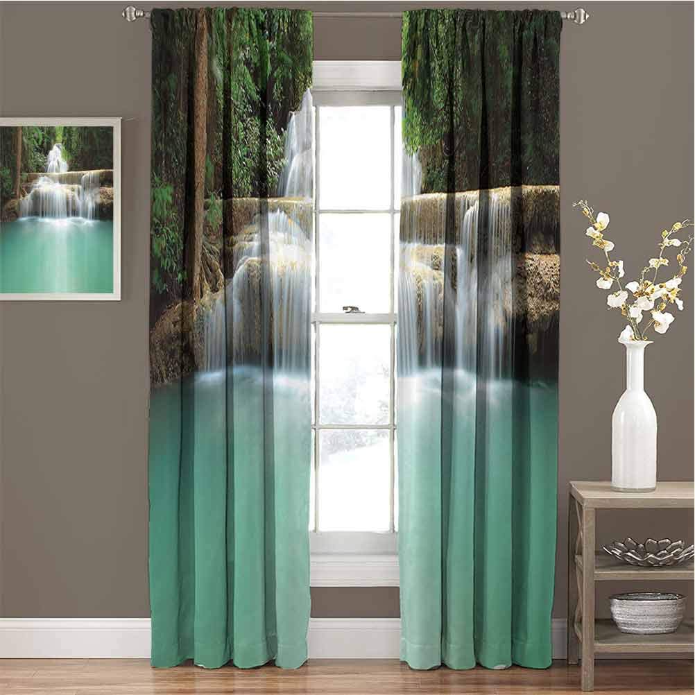 GUUVOR Waterfall Decor Collection Room Darkened Curtain Falling Stream Waterfall Natural Pond Thailand Vacation Picture Insulated Room Bedroom Darkened Curtains W42 x L72 Inch Cyan Green Ivory