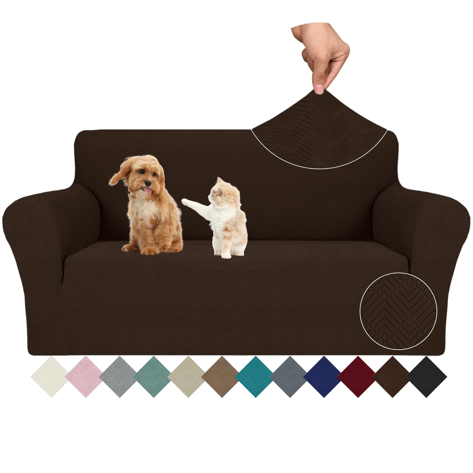 JIVINER Stretch Loveseat Slipcovers 1 Piece Love Seat Sofa Cover Spandex 2 Seater Couch Covers Universal Furniture Protector with Elastic Bottom (Medium, Coffee Rhomb)