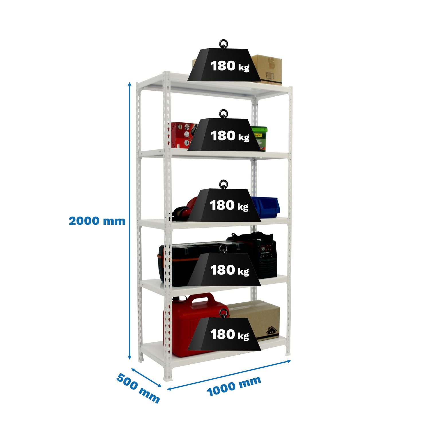 Simon Rack Étagère Lourde Simonclick 2000x1000x500 Mm - 5 Niveaux - 180 Kg/étagère - Bleu/Blanc