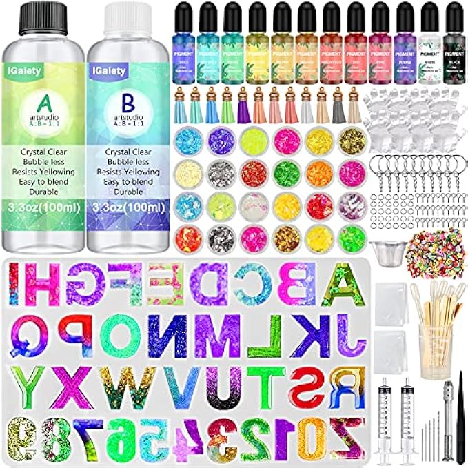 Resin Alphabet Die Starter Kit 169 Pieces Alphabet Silicone Keychain Mold Reverse Number Die with Epoxy Resin Die Paint Tool Epoxy Resin Beginner Adult Kids Jewelry Earrings Pendant