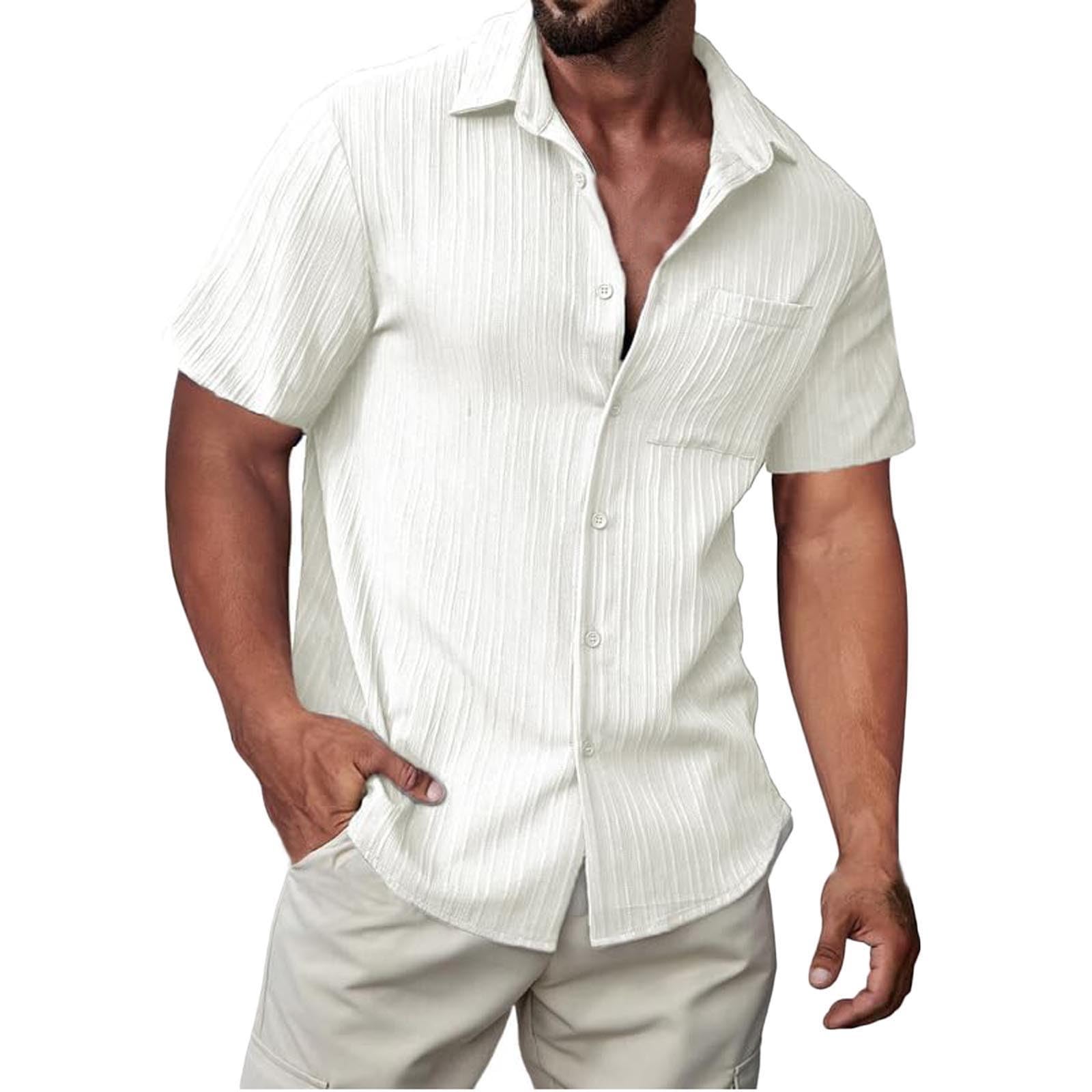 Mens Textured Shirts Short Sleeve Casual Beach Wedding Dress Shirt Summer Sports V Neck Blouse Regular with Pockets