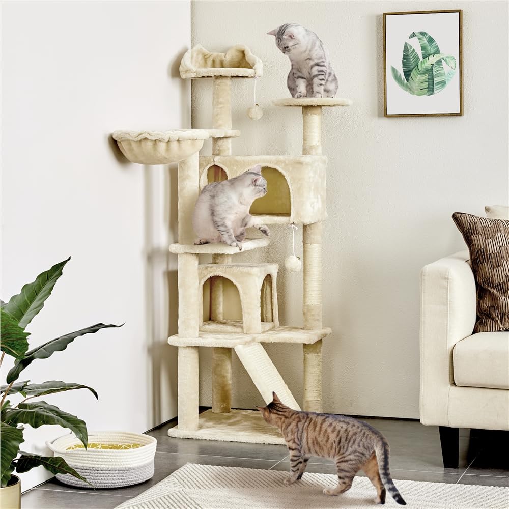Yaheetech 145 cm Kratzbaum groß Katzenbaum mit Kratzbrett & Korb beige | FSC-zertifizierte Spanplatten | Mehrere Kratzsäulen auf jeder Ebene & zusätzliches Kratzbrett | mit Kippsicherung | Stabil