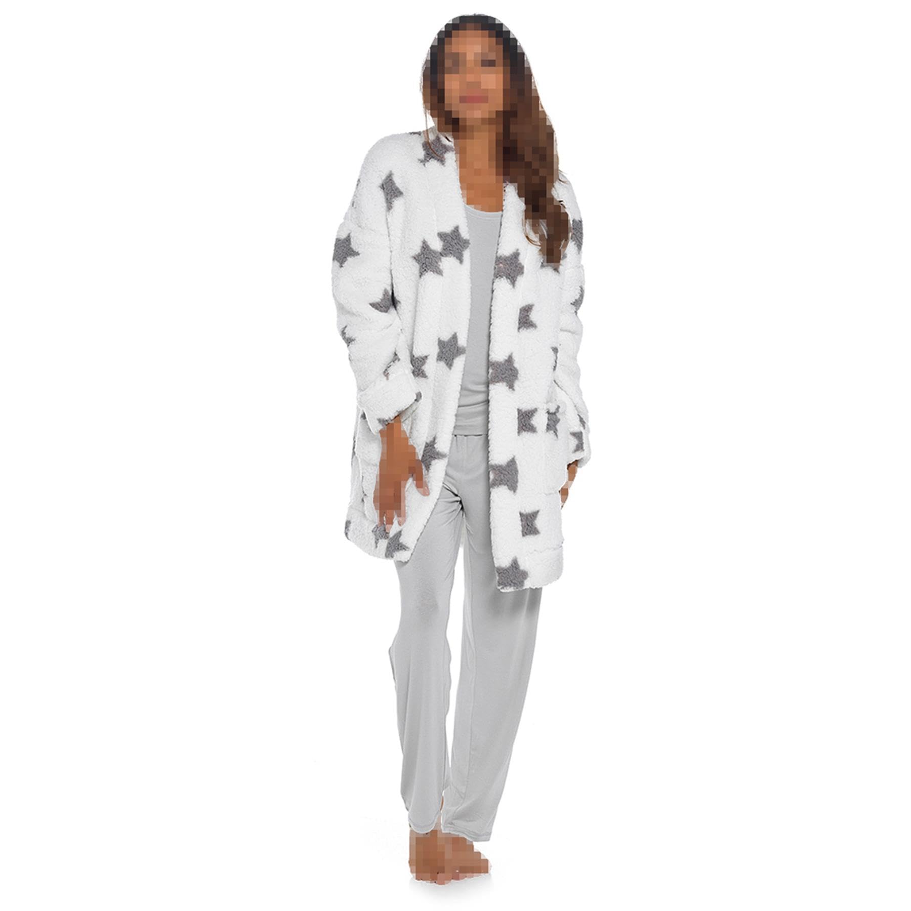 A2z Women's White Foxbury Sherpa Fluffy Fleece Cardi Edge To Edge Dressing Gown - Robe 1702 20-22