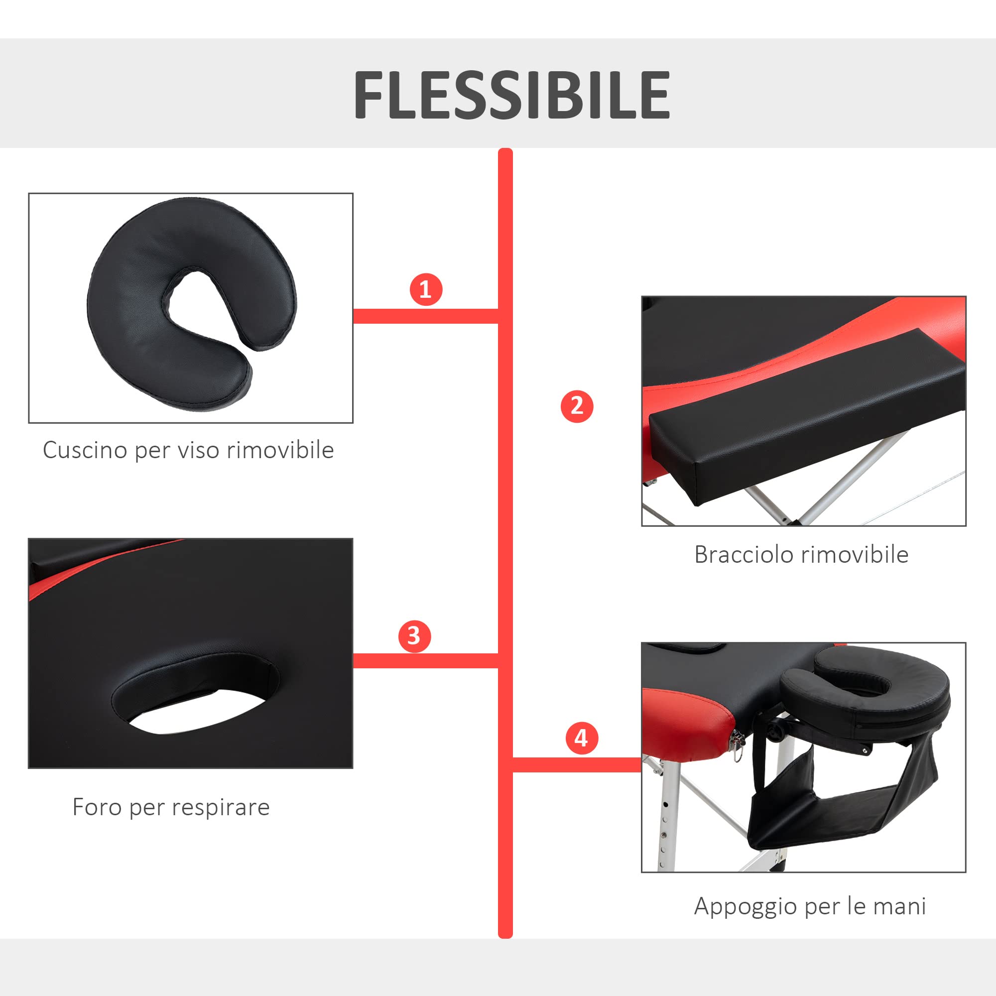 HOMCOM Lettino da Massaggio Pieghevole ad Altezza Regolabile, Lettino Professionale per Massaggi in Alluminio e Plastica, 215x81x61-84 cm, Nero e Rosso