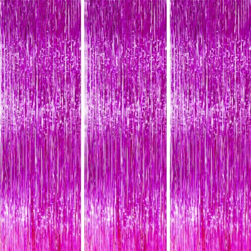 Image of PartyWoo Hot Pink Foil Fringe Curtain Red Rose Streamers 3pcs 8.2ft Magenta Tinsel Backdrop Dark Pink Curtains for Birthday Barbie Theme Galentines Bachelorette Tequila Sunrise Party Decorations